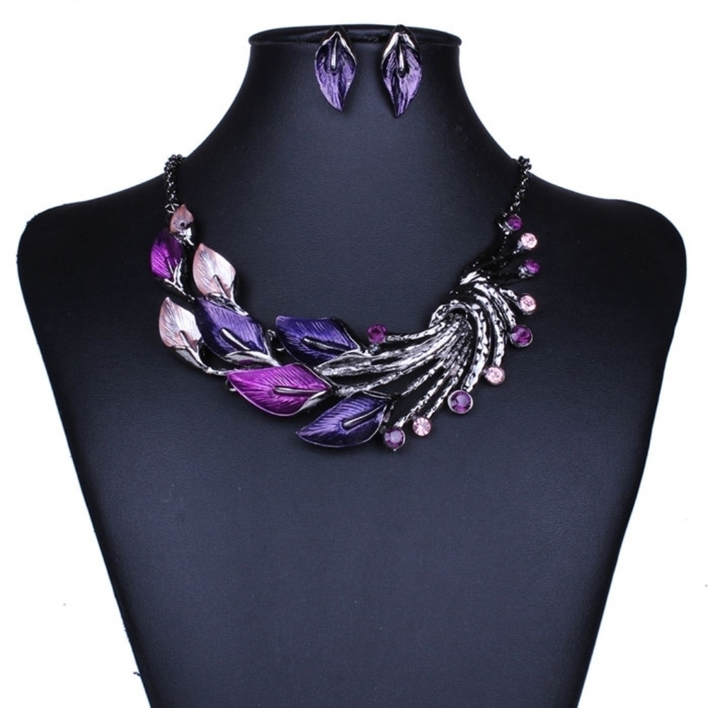 Fashion Jewelry Purple Peacock Metal Statement Necklace & Earring Set